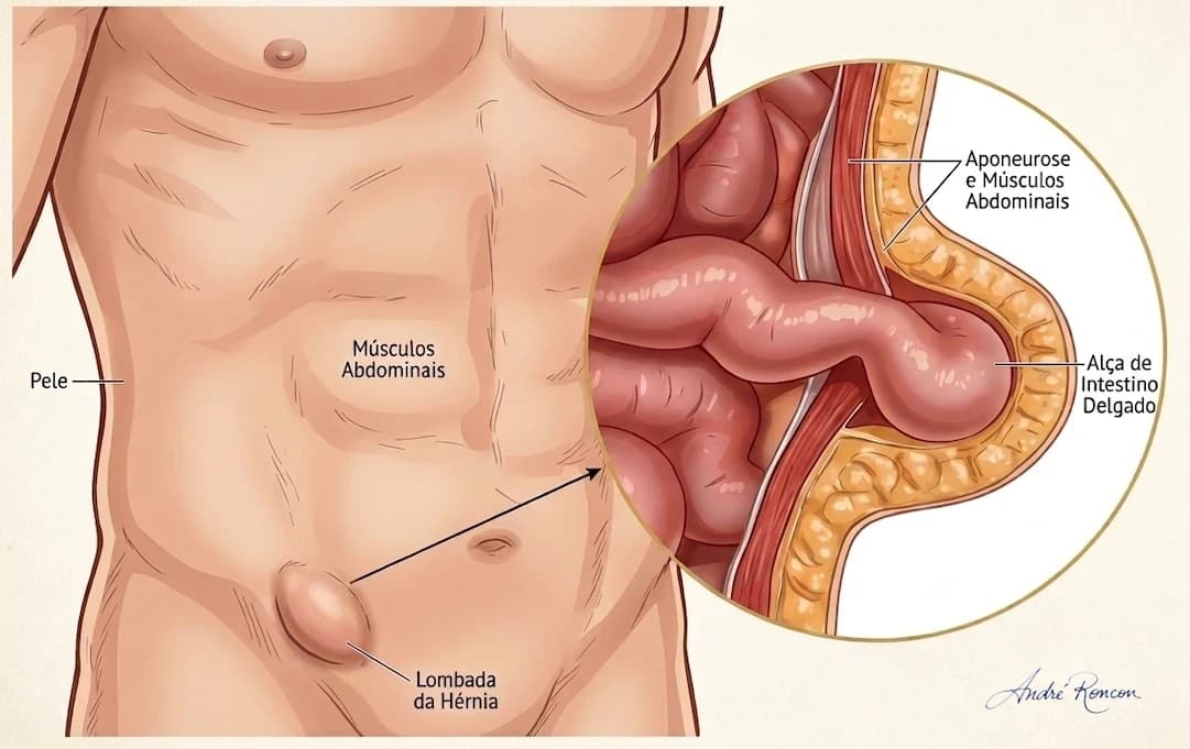 hérnia inguinal: visão interna e externa